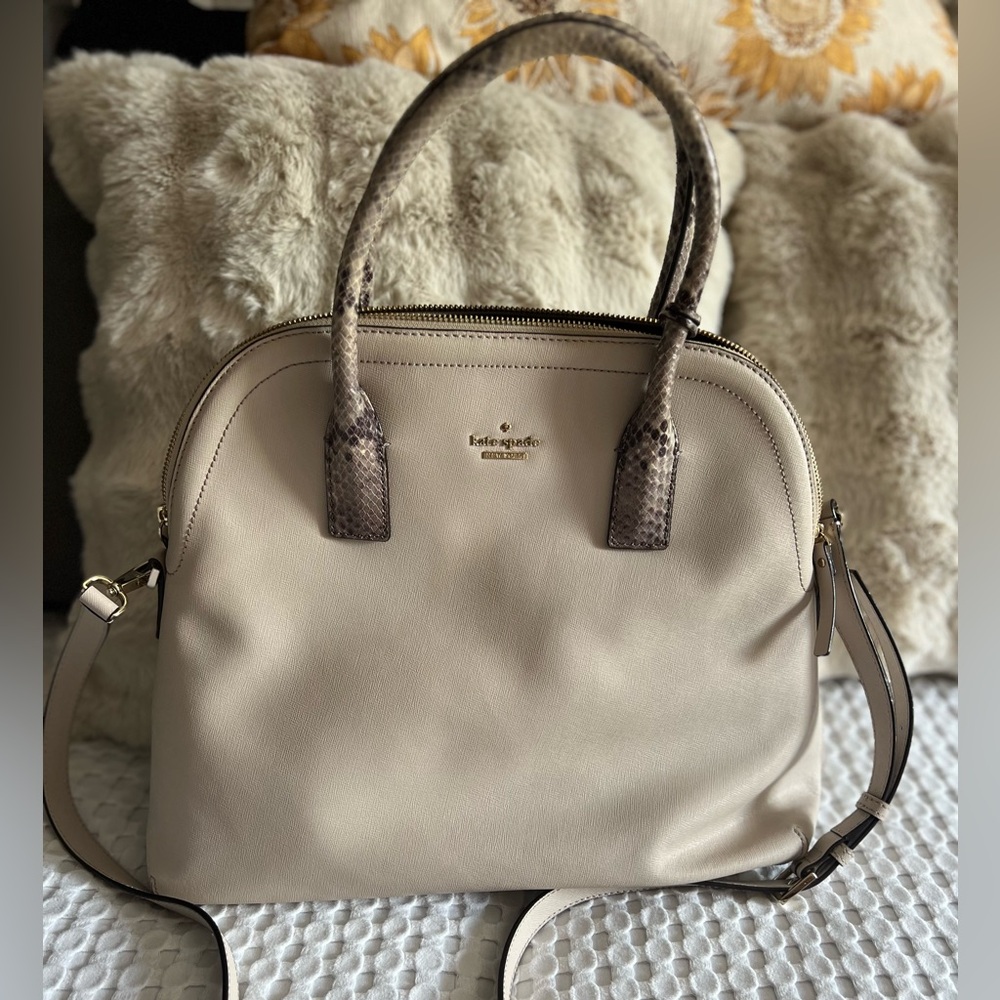Kate Spade Beige Leather Satchel with Snakeskin Accents